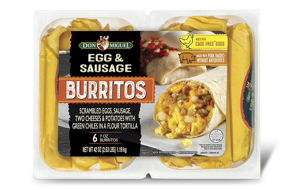 Don Miguel egg and sausage breakfast burritos.