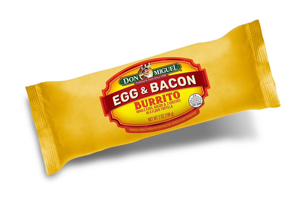 Don Miguel egg and bacon with three cheeses breakfast burrito.