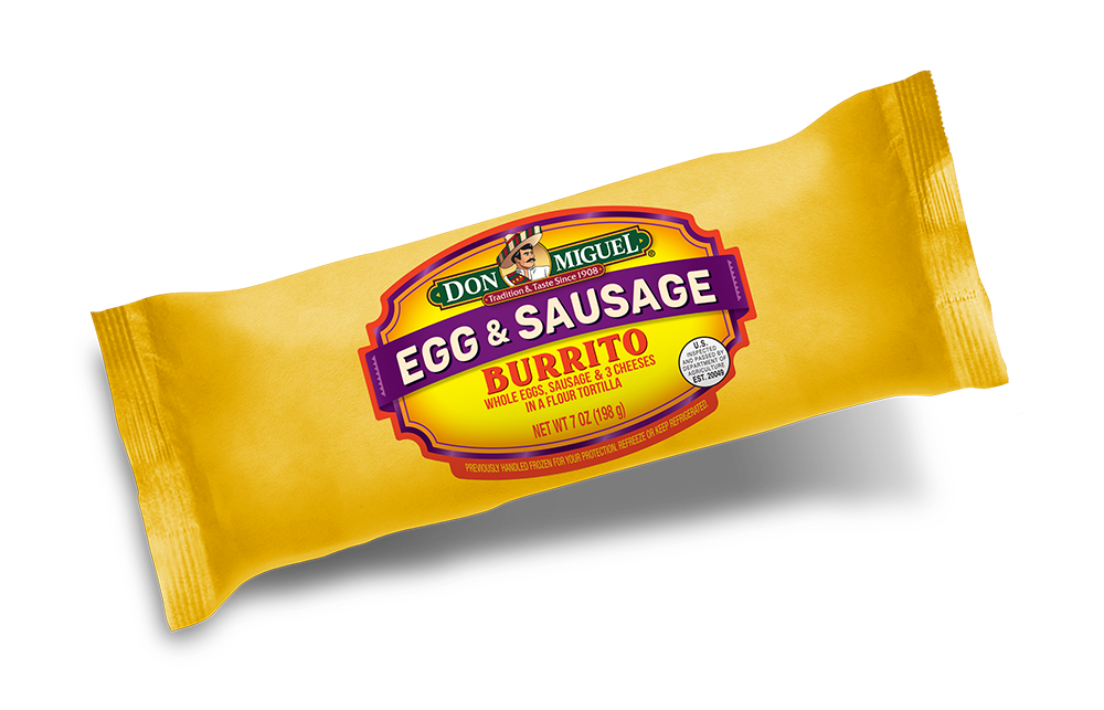 Don Miguel egg and sausage with three cheeses breakfast burrito.