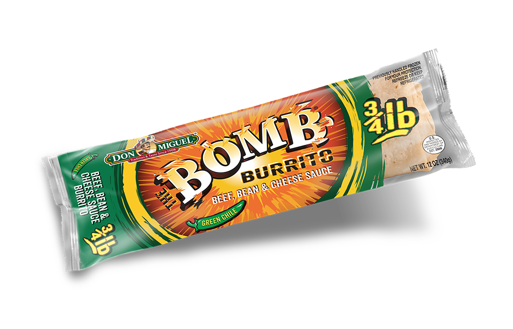 Don Miguel the bomb beef bean and cheese sauce with green chile burrito.