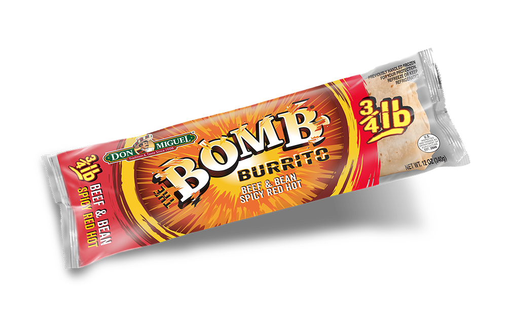Don Miguel the bomb spicy red hot beef and bean burrito.